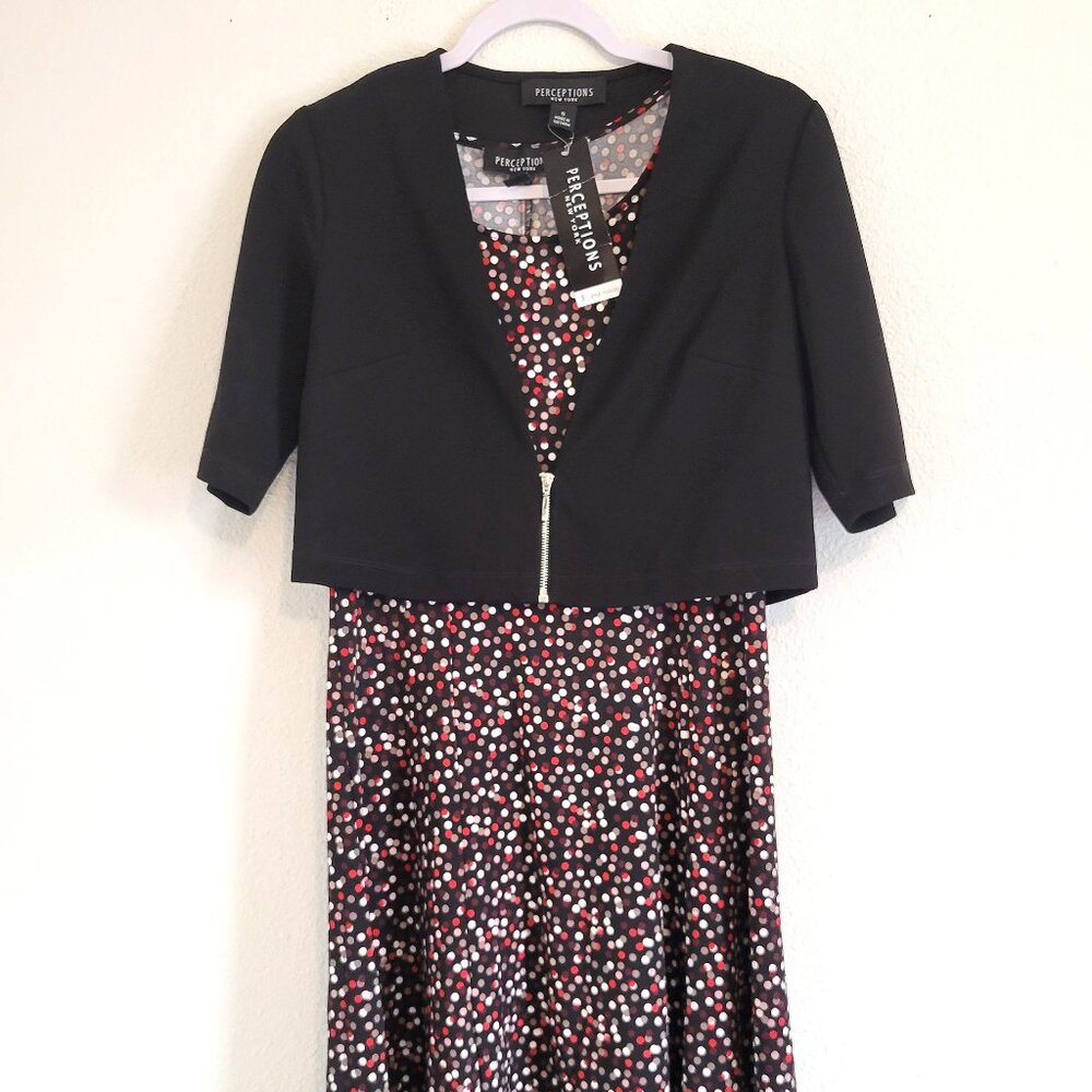 NWT Perceptions NY Sleeveless Polka Dot Swing Dress w/ Black Zip Up Jacket SZ S